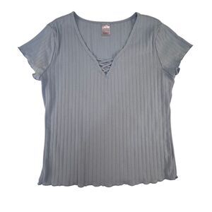 No Boundaries Top XXL Blue Ribbed Knit Cross Cross V Neck 90s Vibes Baby Tee